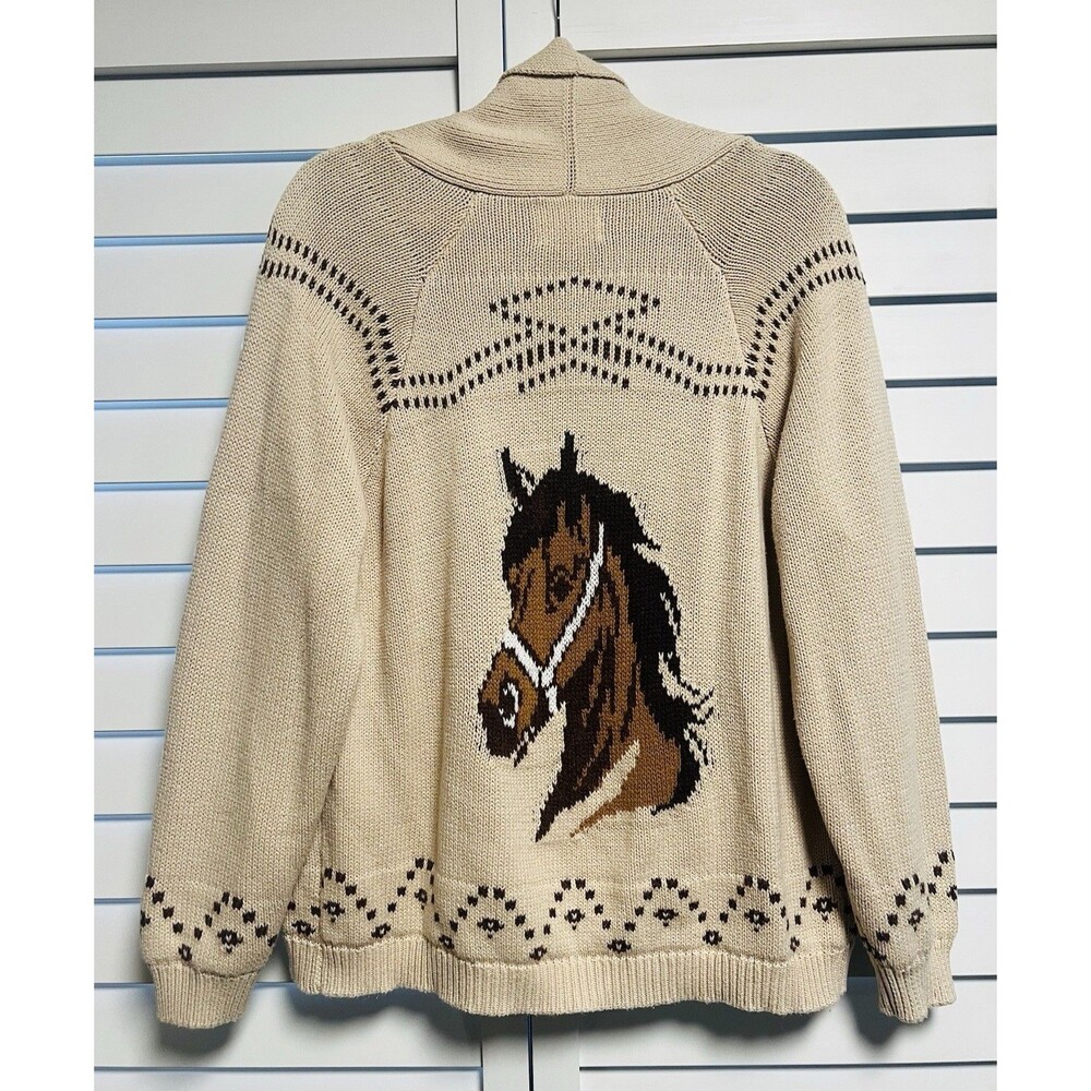 JOA Horse Cardigan Sweater Womens S Beige Intarsia Knit Western Shawl Equestrian